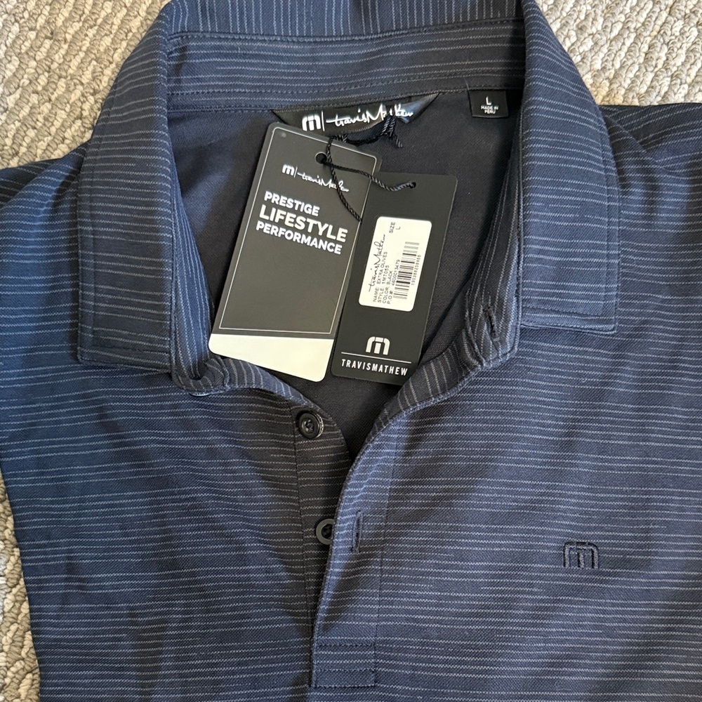 Travis Mathew Men's Dark Blue Pinstripe Polo